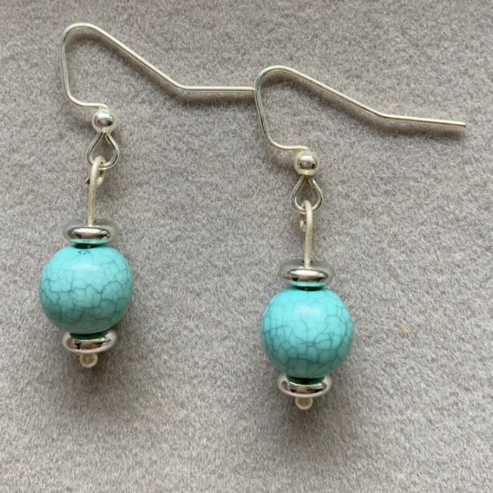 NWOT Aqua blue marble bead silver fish hook wire drop earrings.